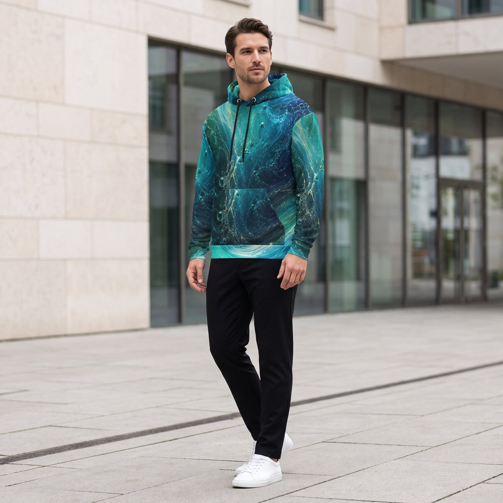 Man wearing the Oceanic Flow all-over print hoodie