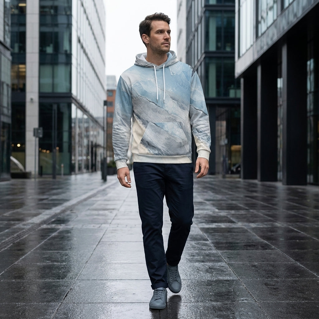 Man wearing the Glacial Current hoodie – icy blue, white and slate grey marble print