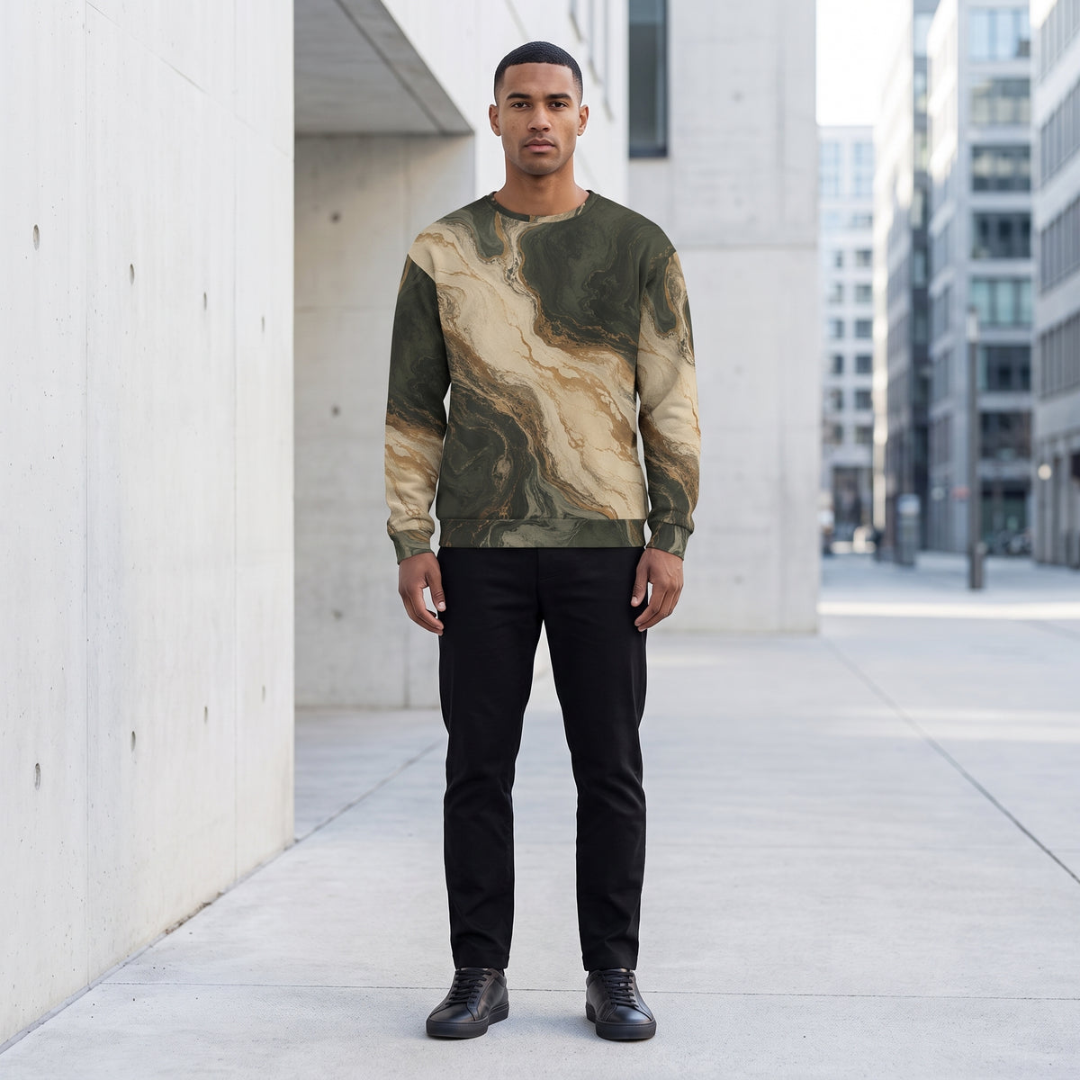 Man wearing the Verdant Strata all-over print sweatshirt