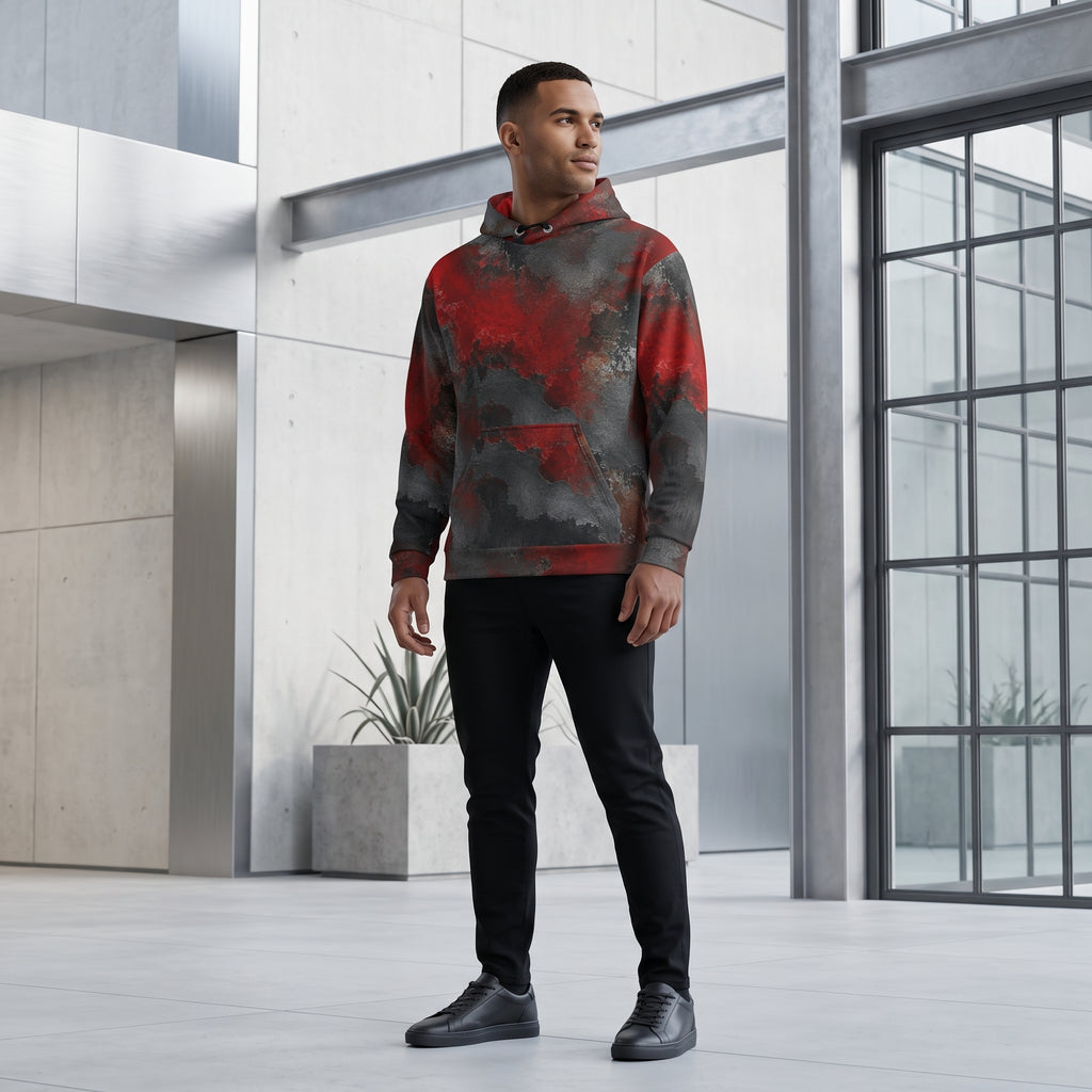 Man wearing the Red & Black Abstract hoodie, red and black print