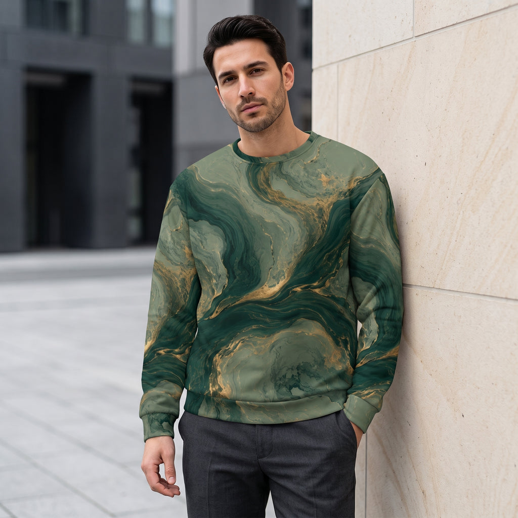 Man wearing the Emerald Current sweatshirt, green and gold print
