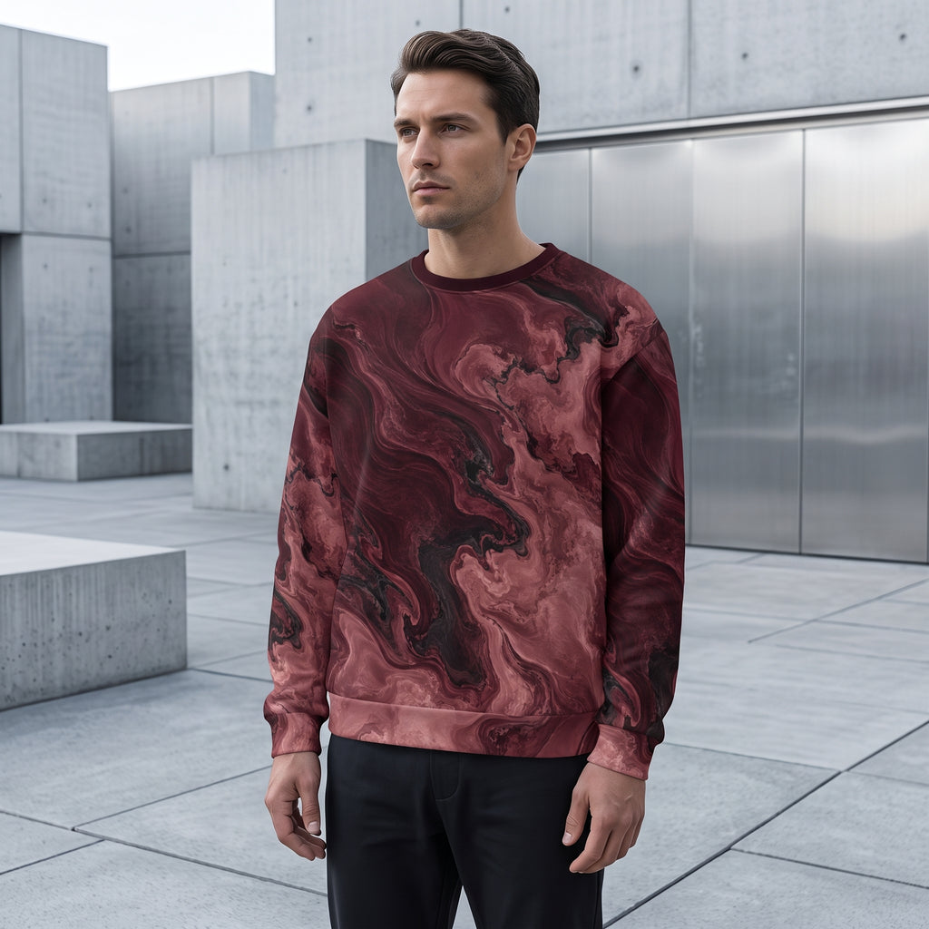 Man wearing the Burgundy Eclipse sweatshirt, burgundy print