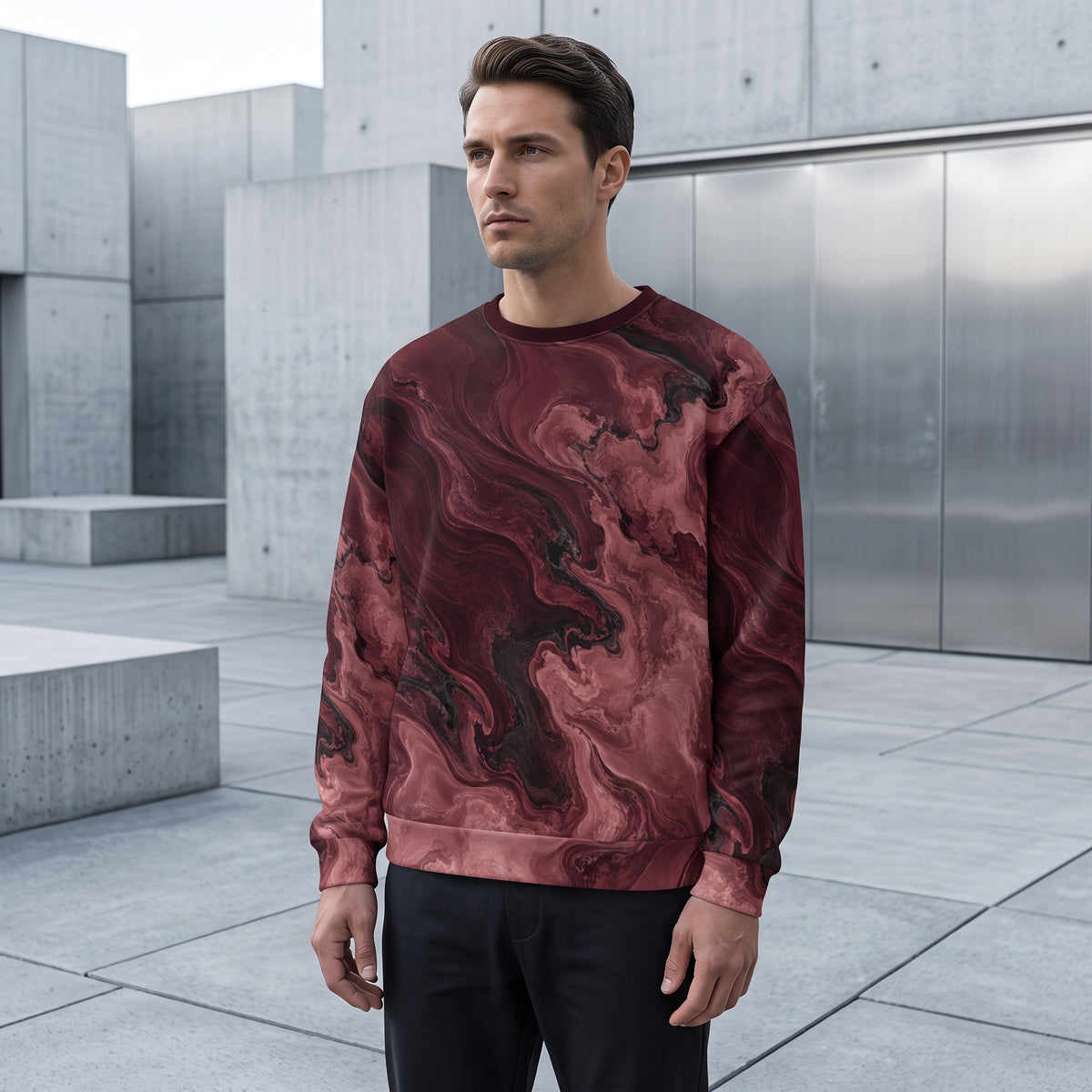 Man wearing the Burgundy Eclipse sweatshirt, burgundy print
