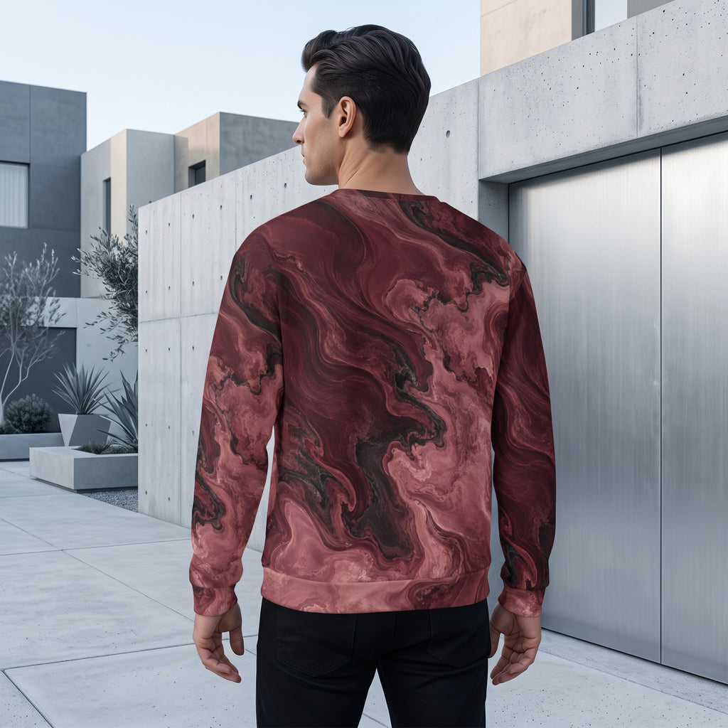 Man wearing the Burgundy Eclipse sweatshirt, burgundy print