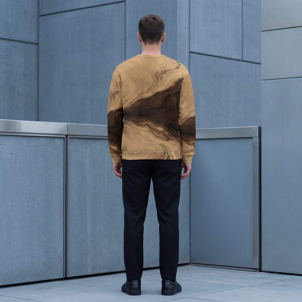 Man wearing the Terra Strata sweatshirt, beige and brown print