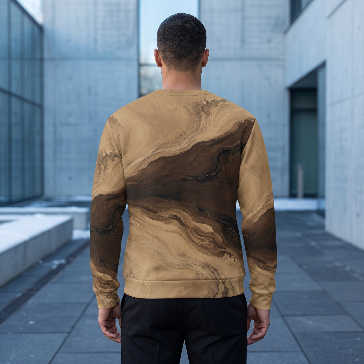 Man wearing the Terra Strata all-over print sweatshirt