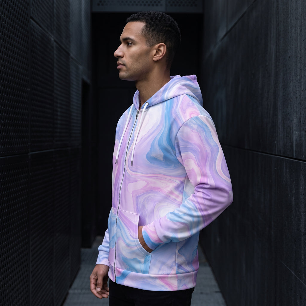 Man wearing the Pastel Mirage zip hoodie – lavender, blush pink and sky blue marble print