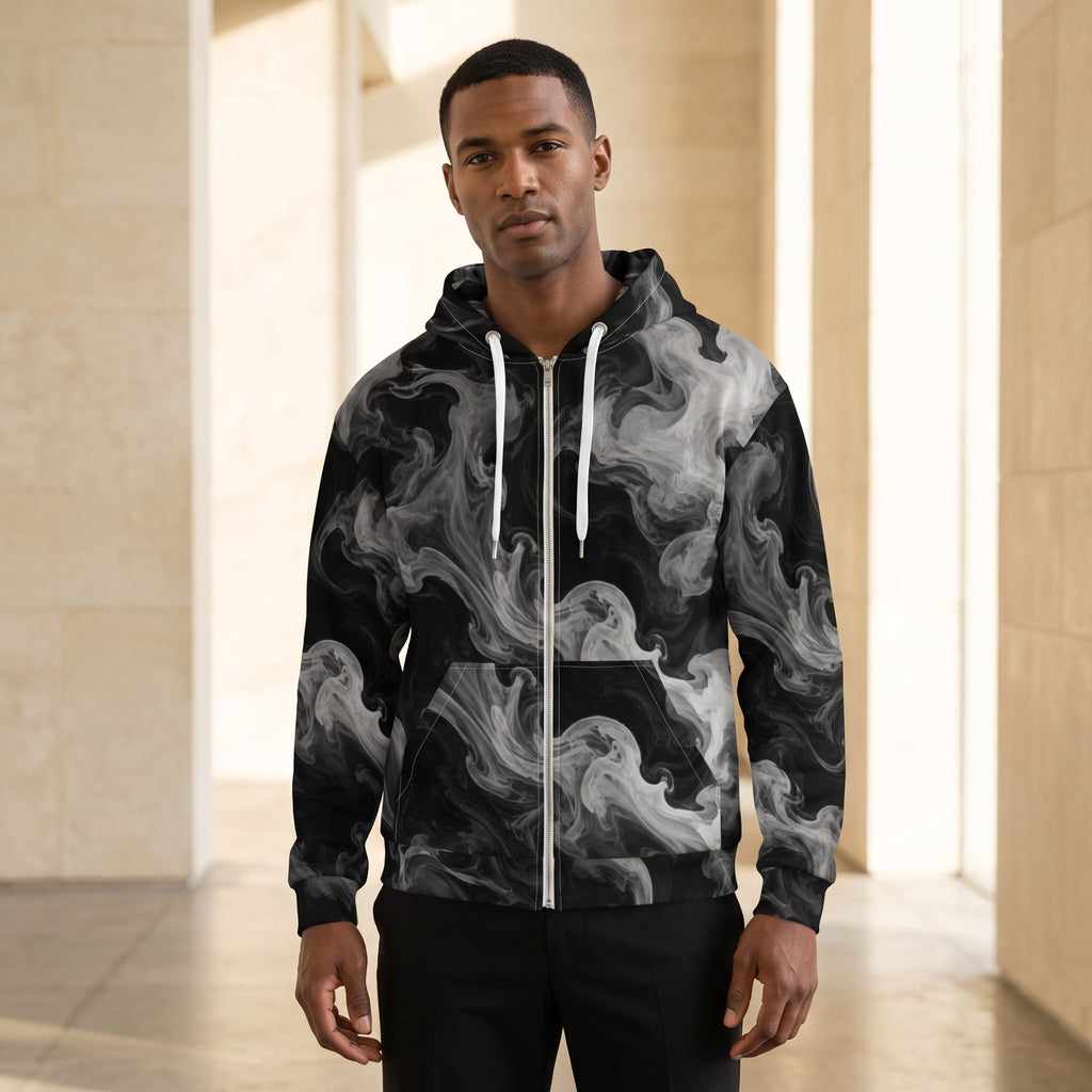 Man wearing the Phantom Smoke zip hoodie – black and grey smoke print