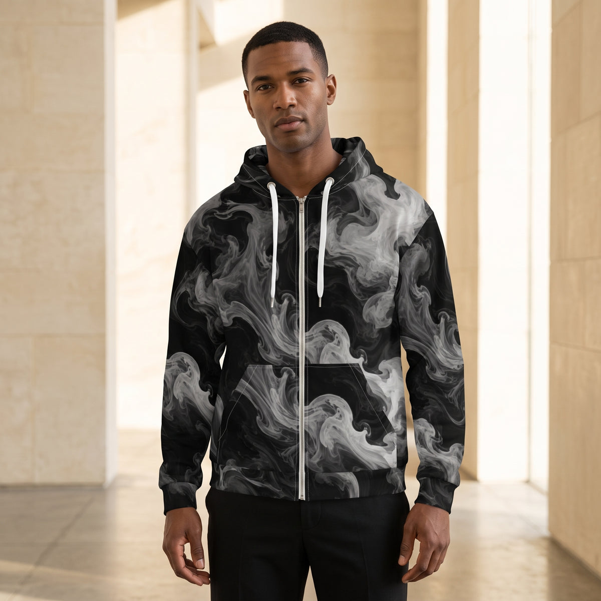 Man wearing the Phantom Smoke zip hoodie – black and grey smoke print