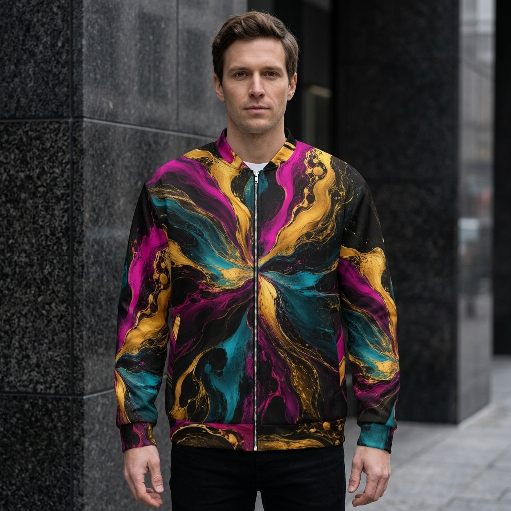Man wearing the Chromatic Vortex bomber jacket – magenta, turquoise and golden-yellow swirl print