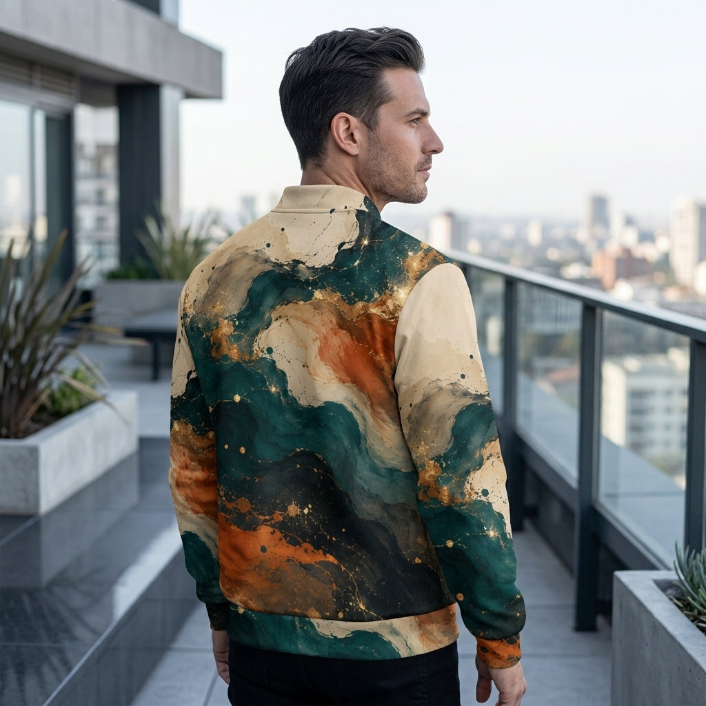 Man wearing the Ember Tide bomber jacket – teal, burnt orange and cream abstract print