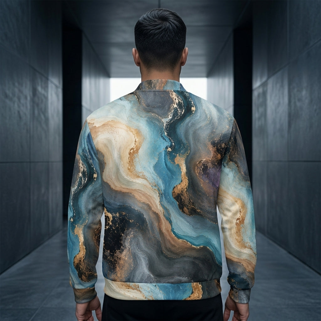 Man wearing the Oceanic Alchemy all-over print bomber jacket