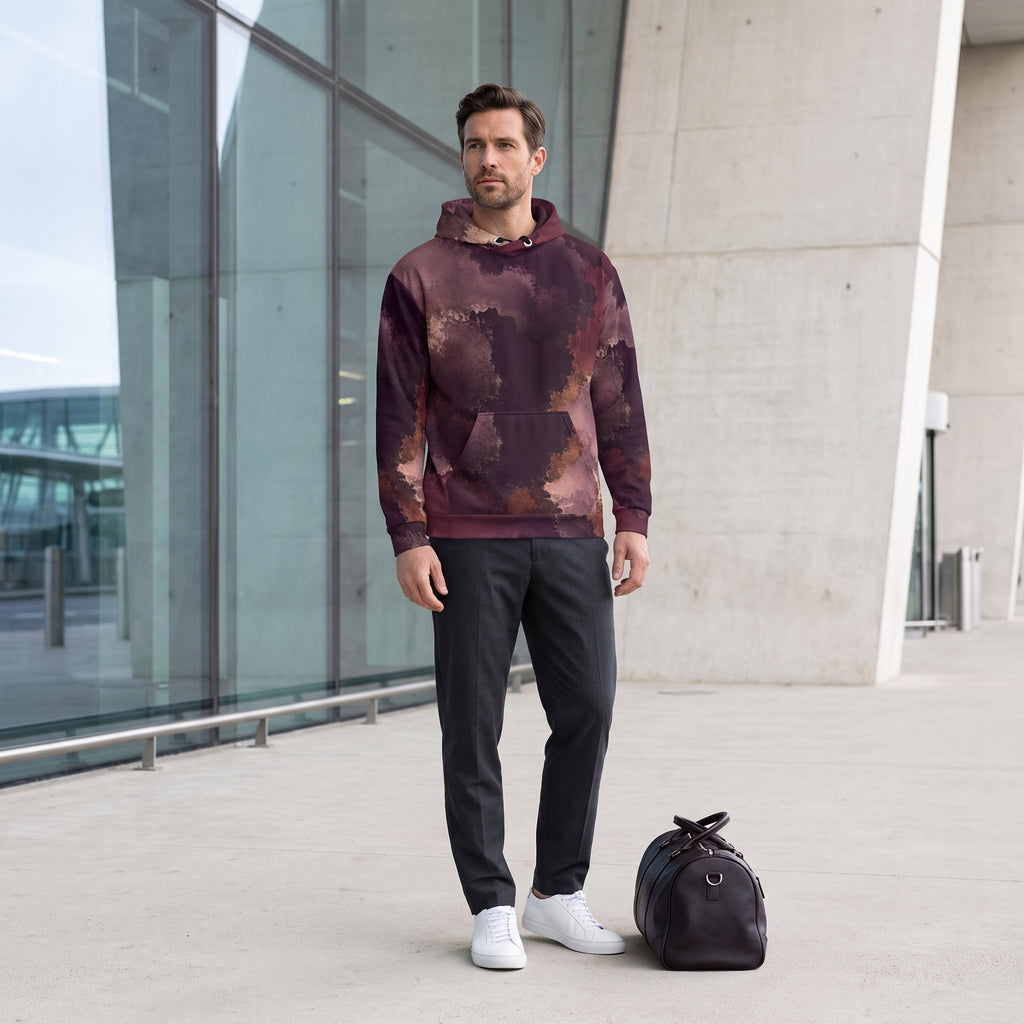 Man wearing the Ember Eclipse all-over print hoodie