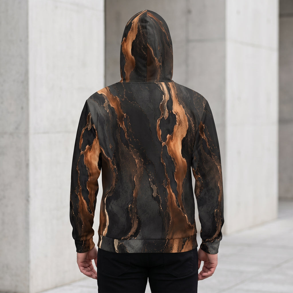 Man wearing the Molten Ember all-over print zip hoodie