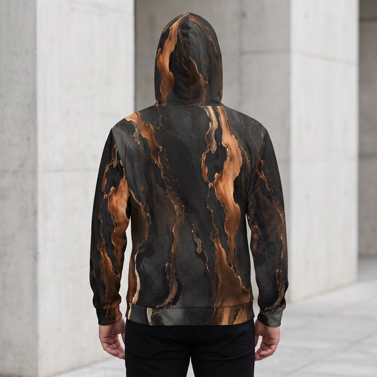 Man wearing the Molten Ember all-over print zip hoodie