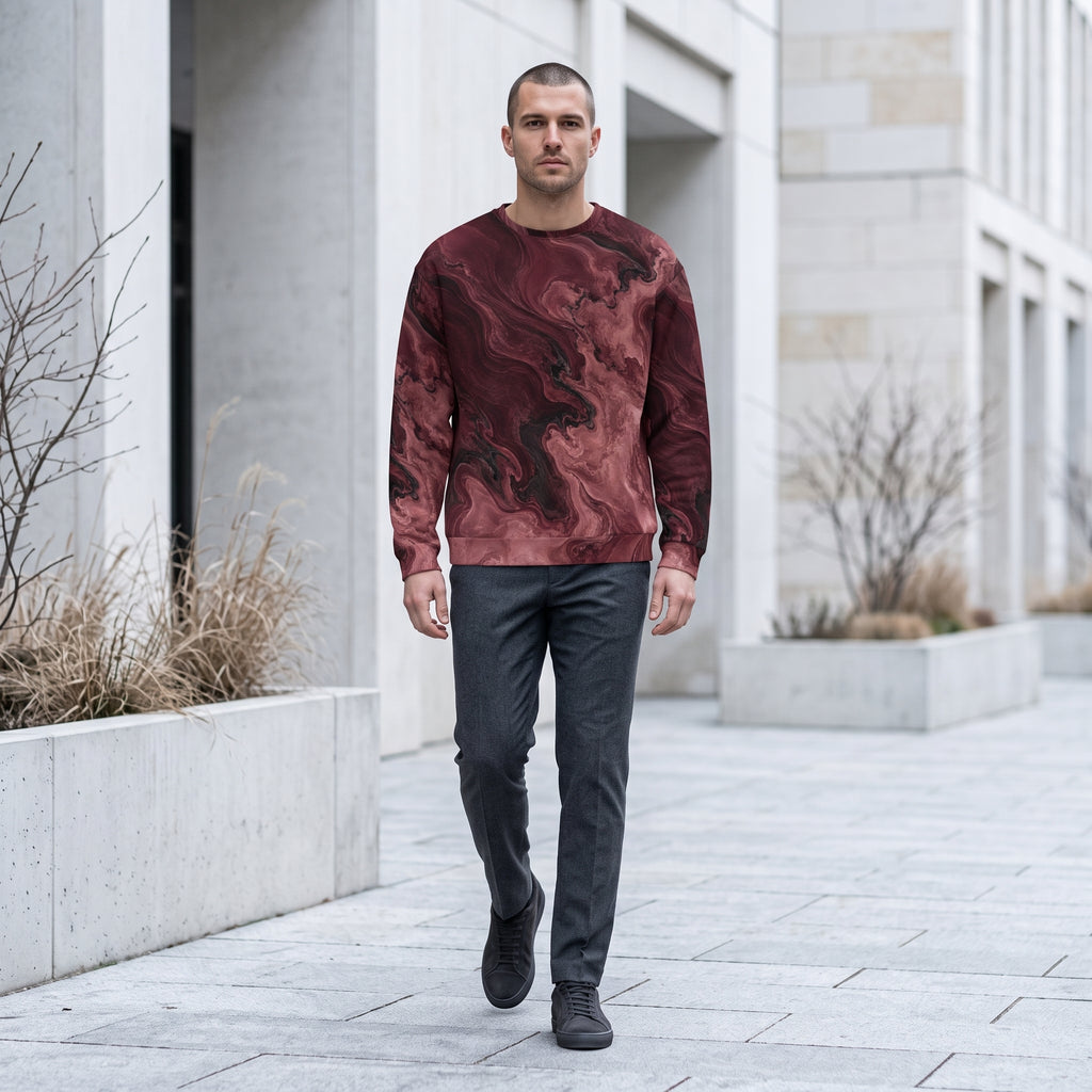 Man wearing the Burgundy Eclipse sweatshirt, burgundy print