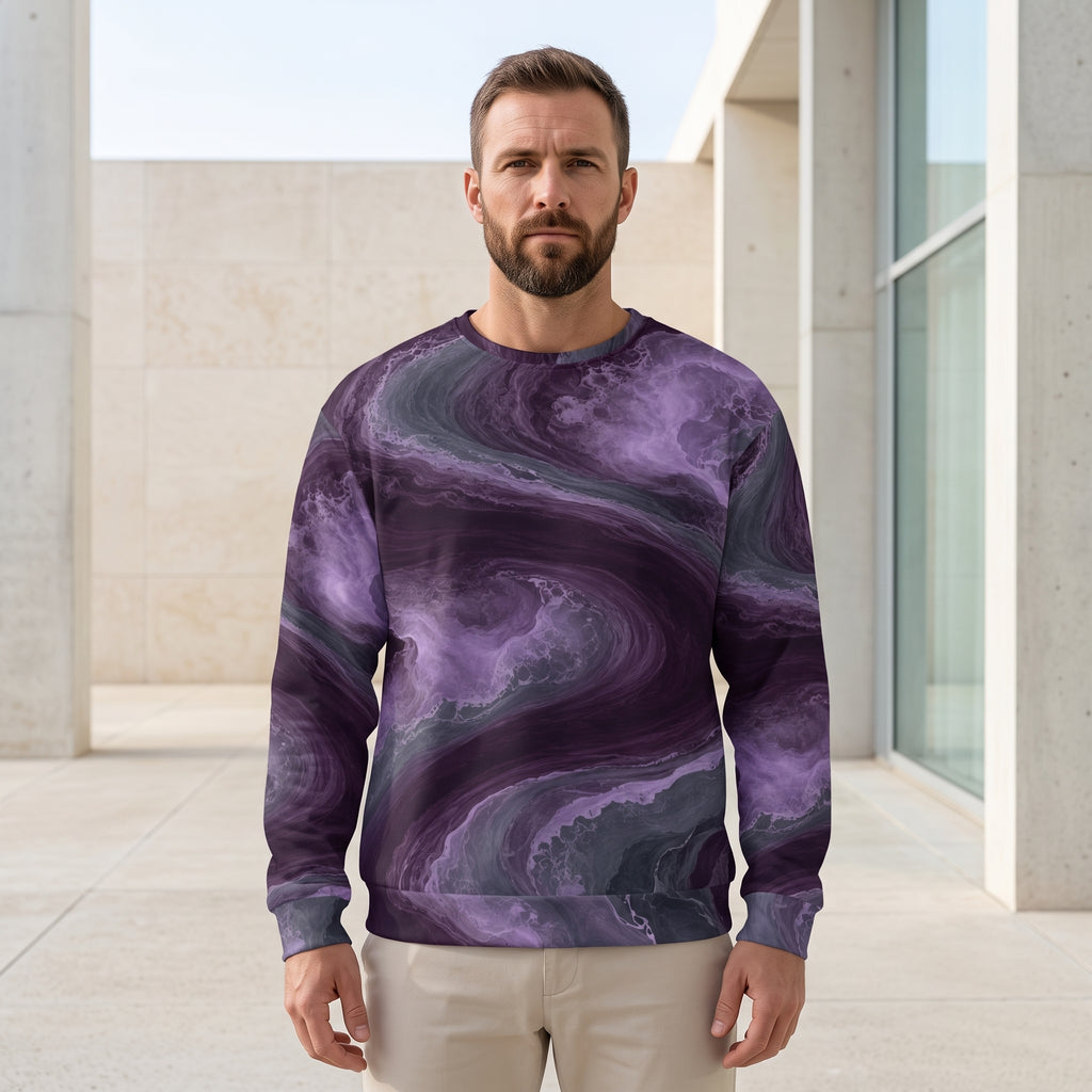Man wearing the Amethyst Vortex sweatshirt, amethyst purple print