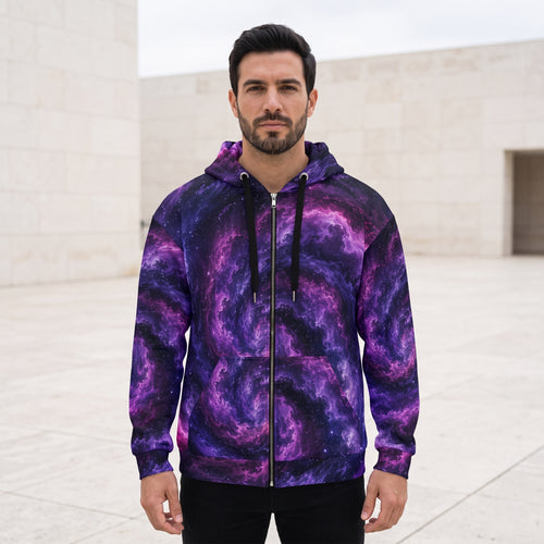 Man wearing the Cosmic Vortex zip hoodie – violet, purple and black nebula print