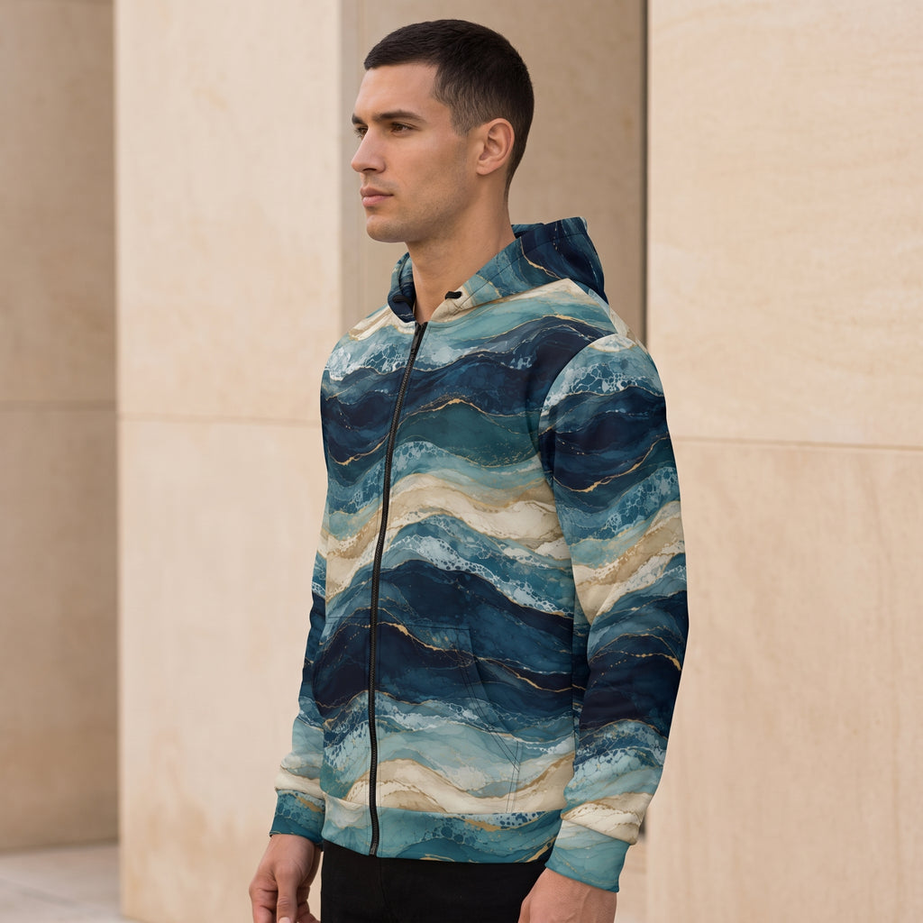 Man wearing the Oceanic Strata all-over print zip hoodie