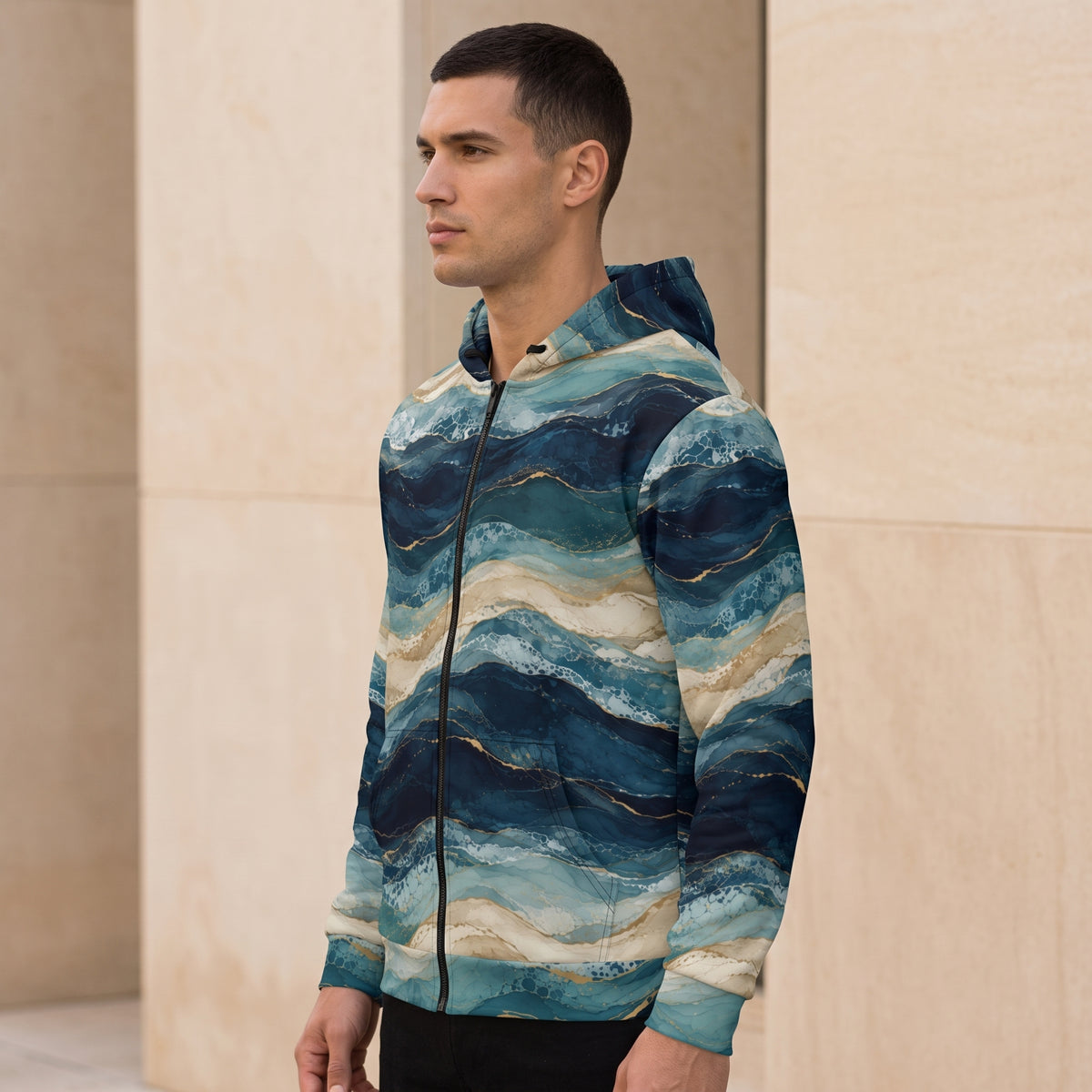 Man wearing the Oceanic Strata all-over print zip hoodie