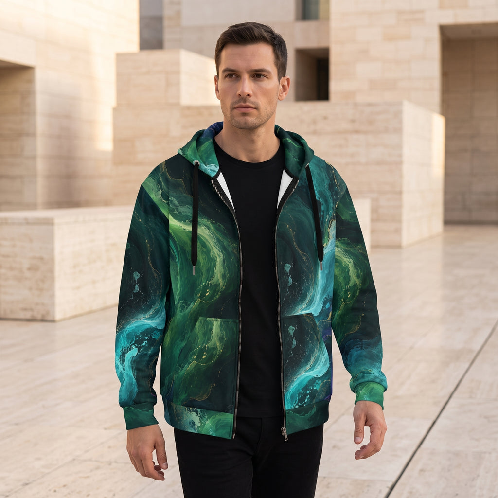 Man wearing the Emerald Tides zip hoodie – emerald, turquoise and midnight blue abstract print