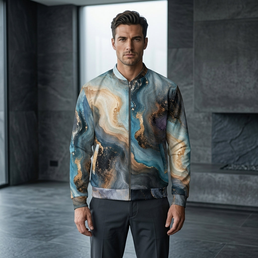 Man wearing the Oceanic Alchemy bomber jacket zipped up – navy, turquoise and ivory marble print