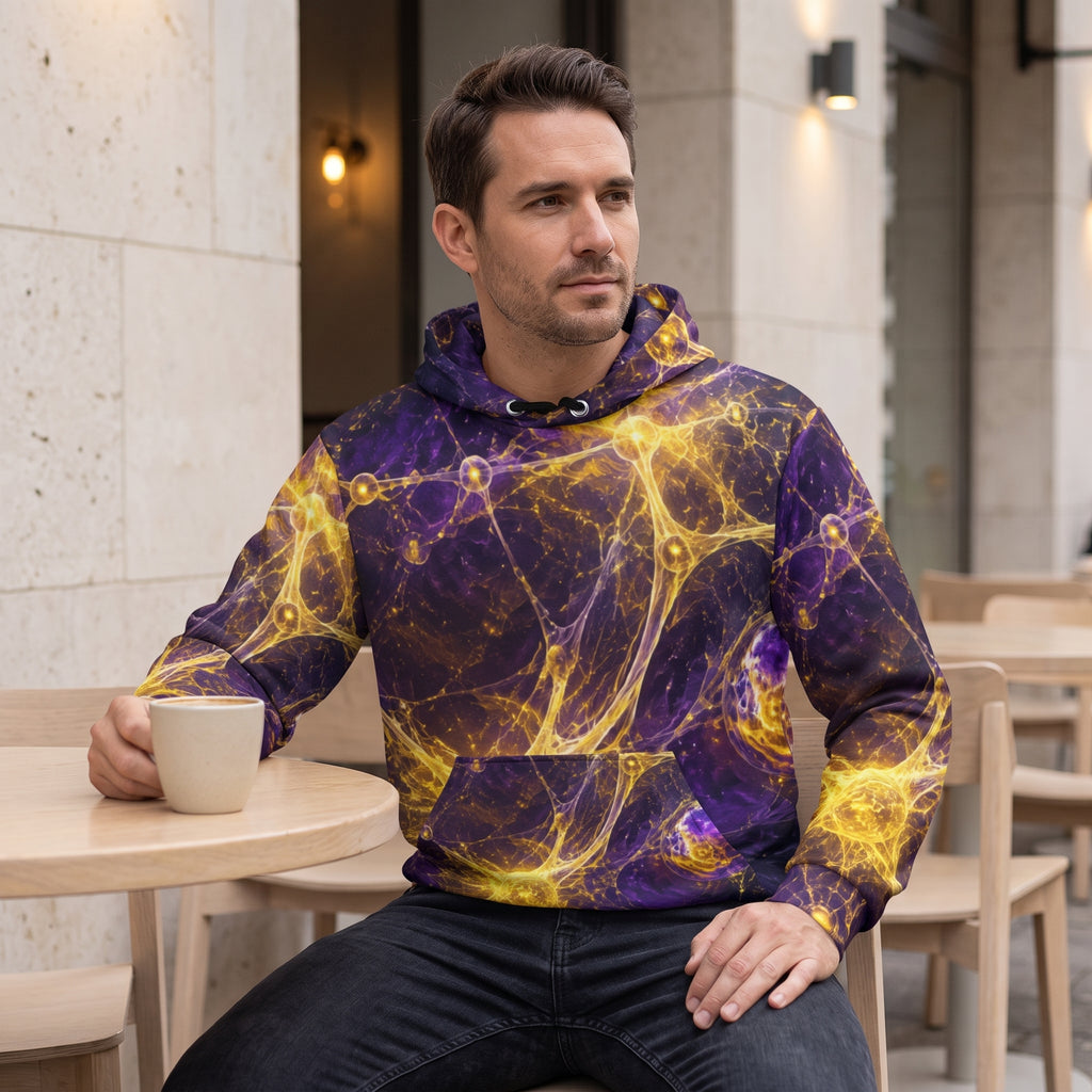 A man sitting at a cafe table wearing a purple hoodie with a glowing yellow cosmic web pattern, holding a white mug.