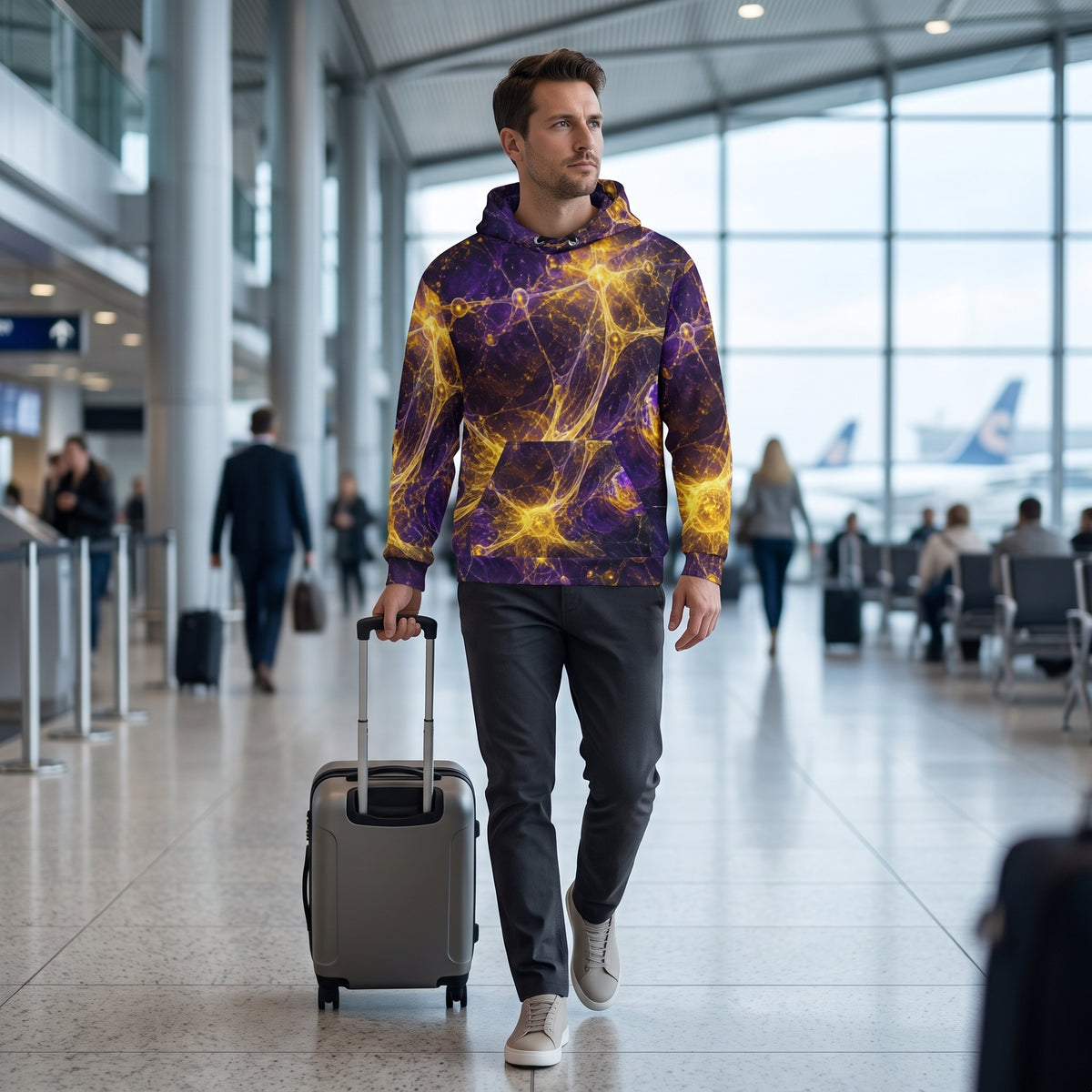 A man walking through an airport terminal wearing a purple and yellow cosmic nebula print hoodie, dark gray pants, and white sneakers, pulling a gray rolling suitcase.