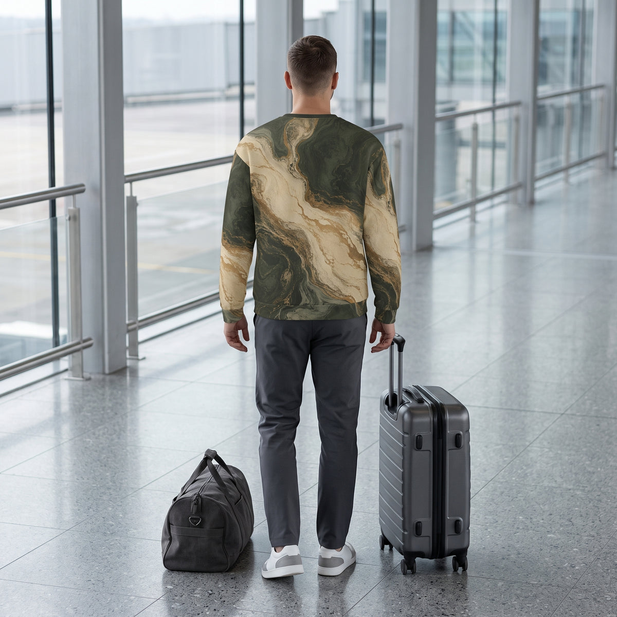 Man walking in the Verdant Strata sweatshirt, forest green print