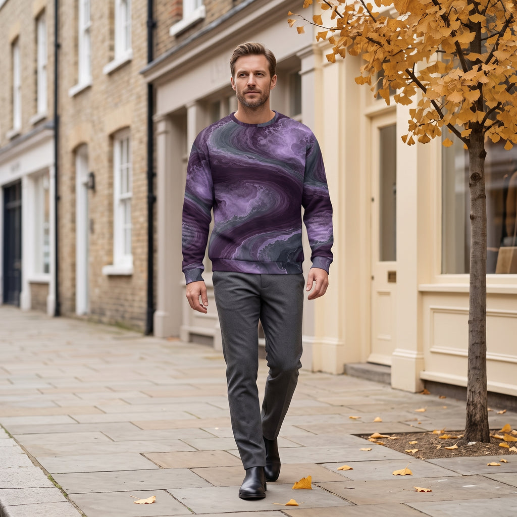Man walking in the Amethyst Vortex sweatshirt, amethyst purple print
