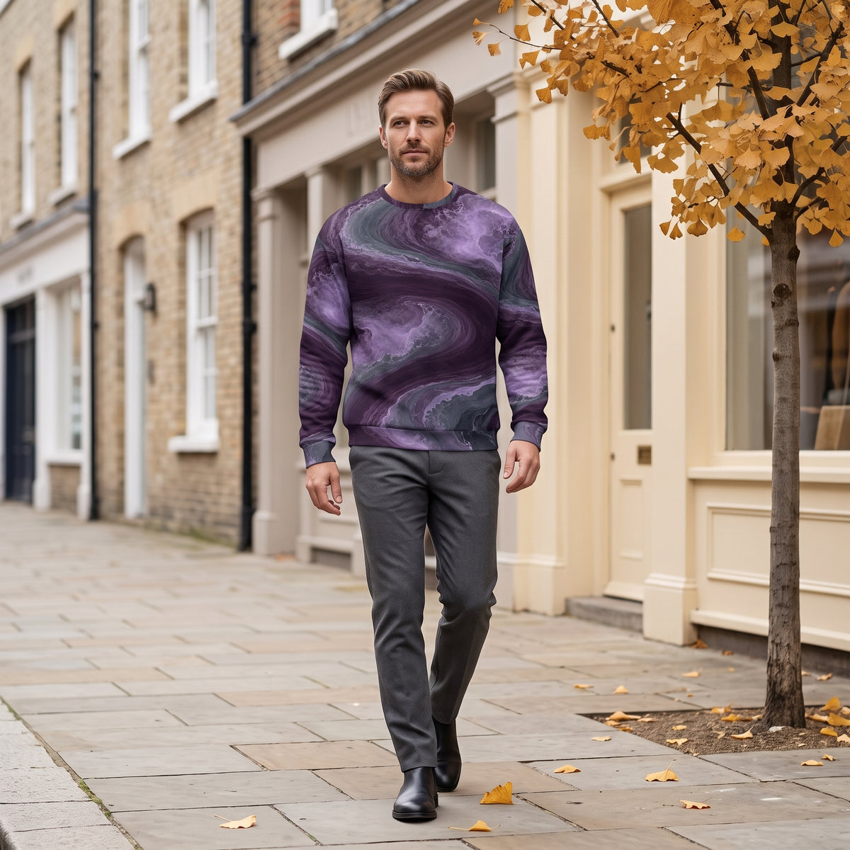 Man walking in the Amethyst Vortex sweatshirt, amethyst purple print