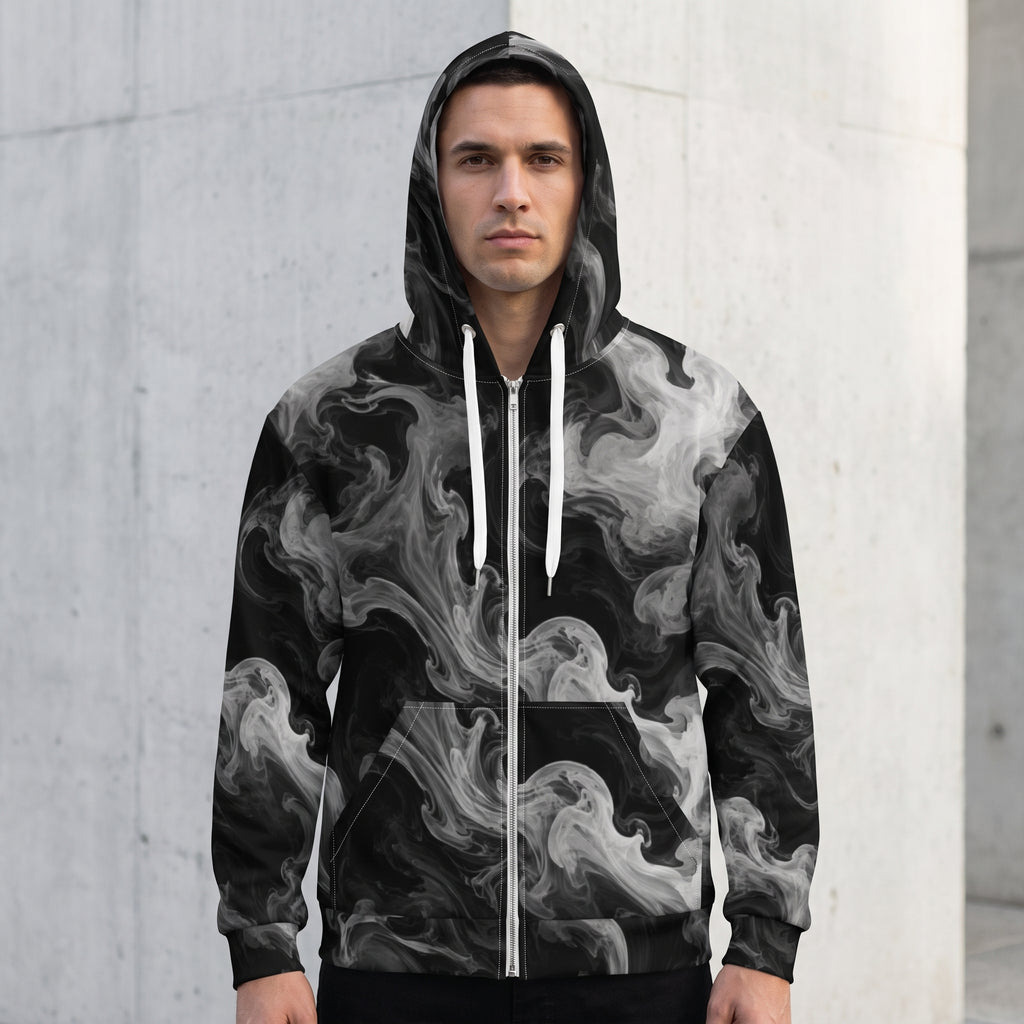 Man wearing the Phantom Smoke zip hoodie – black and grey smoke print