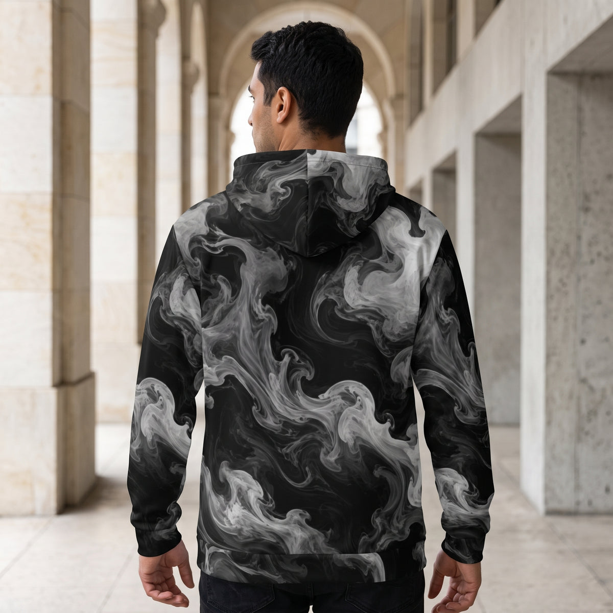 Man wearing the Phantom Smoke zip hoodie – black and grey smoke print