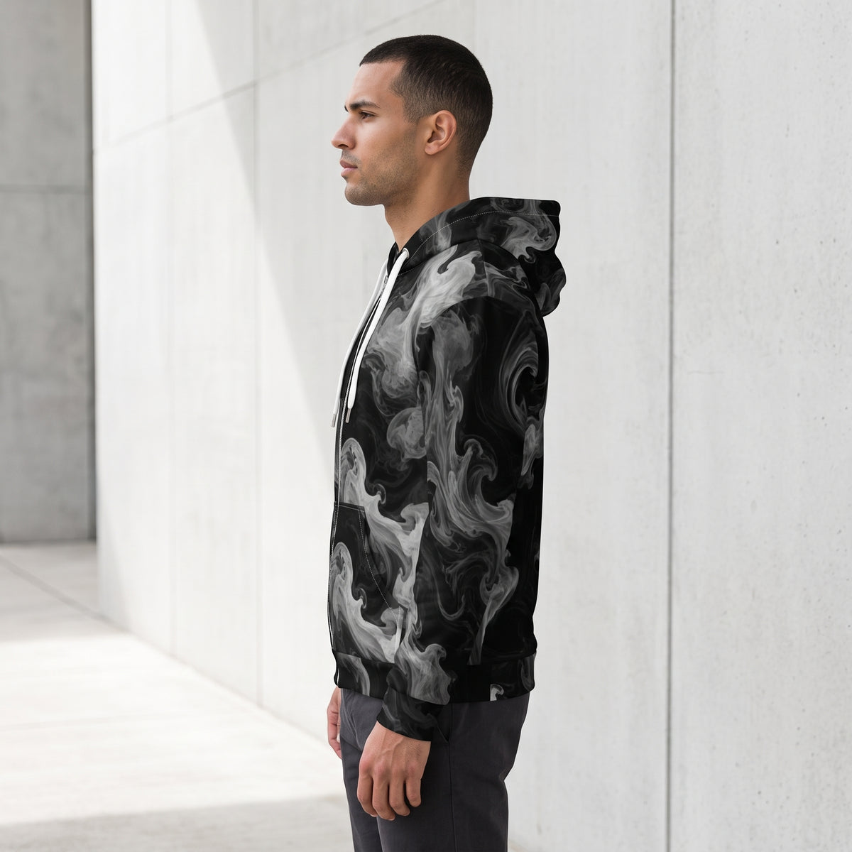 Man wearing the Phantom Smoke zip hoodie, black and grey print
