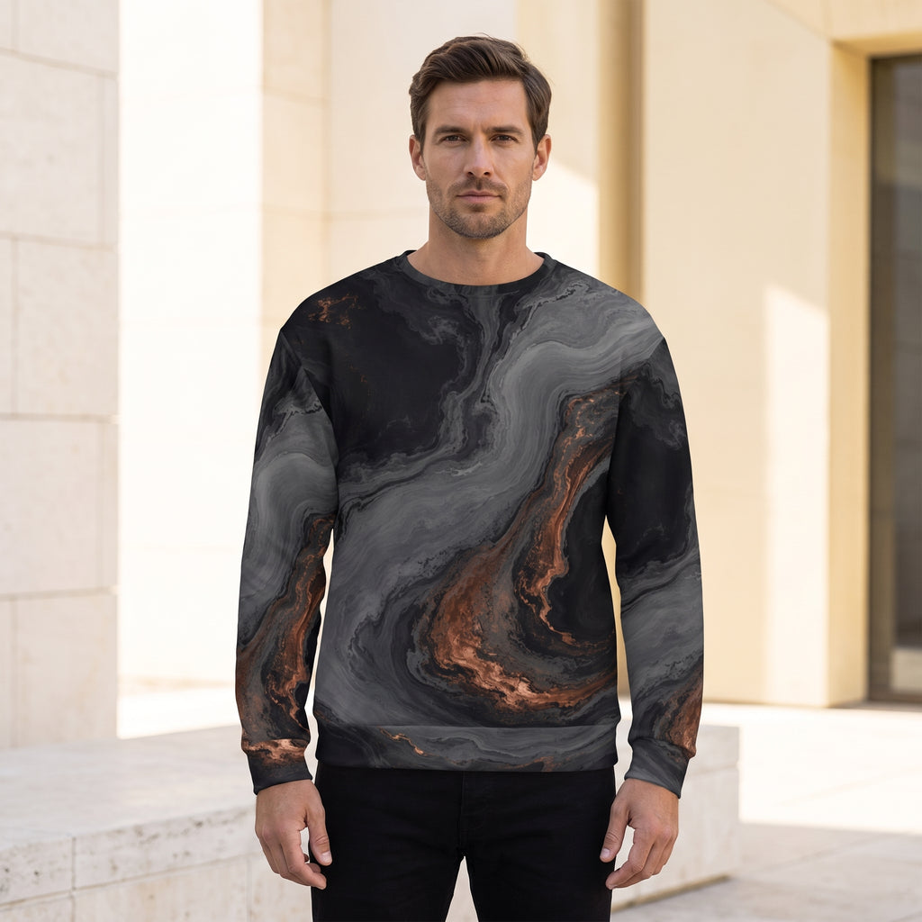 Man wearing the Molten Obsidian all-over print sweatshirt