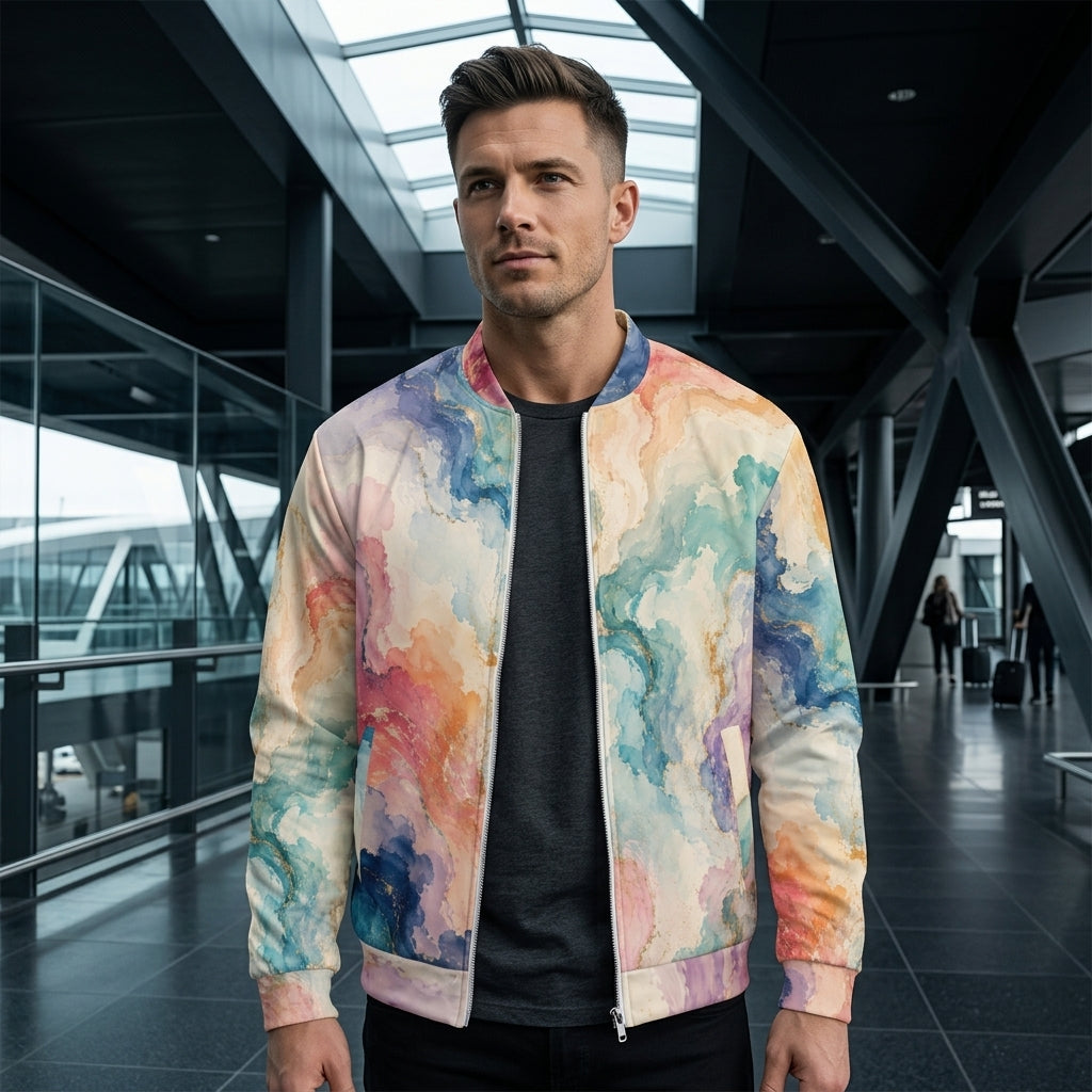 Man wearing the Ethereal Drift bomber jacket, blue and pink print