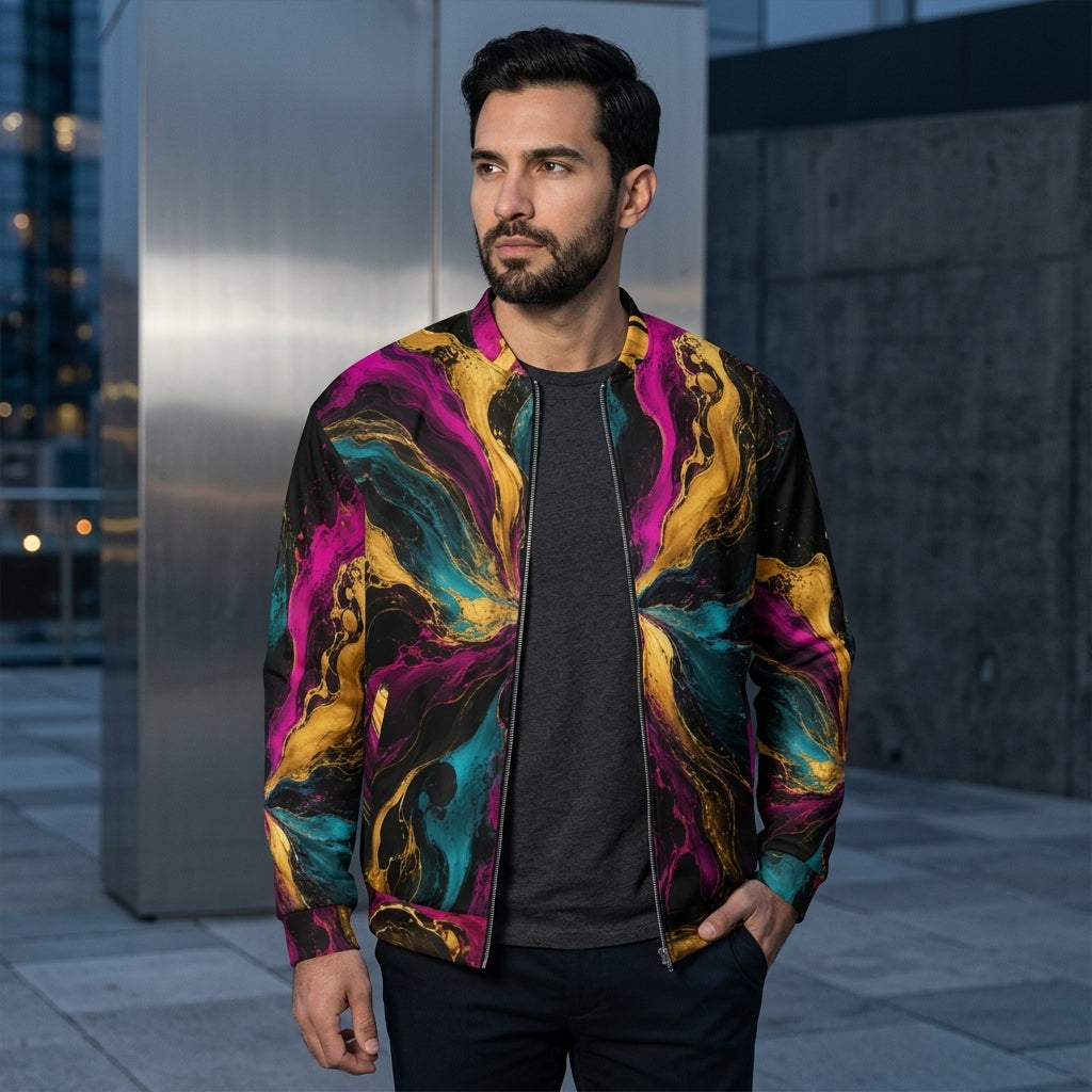 Man wearing the Chromatic Vortex bomber jacket – magenta, turquoise and golden-yellow swirl print