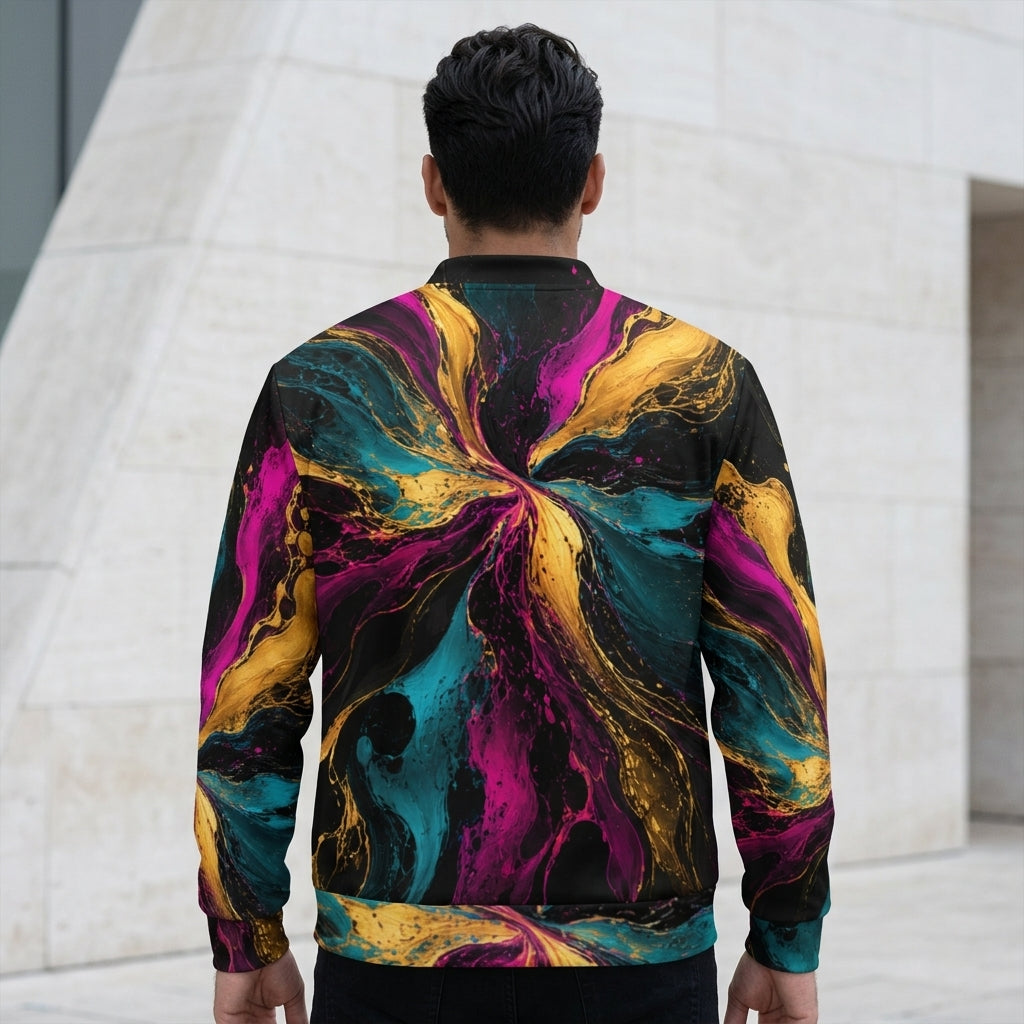 Man wearing the Chromatic Vortex all-over print bomber jacket