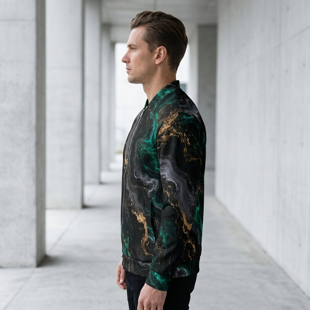 Man wearing the Emerald Obsidian all-over print bomber jacket