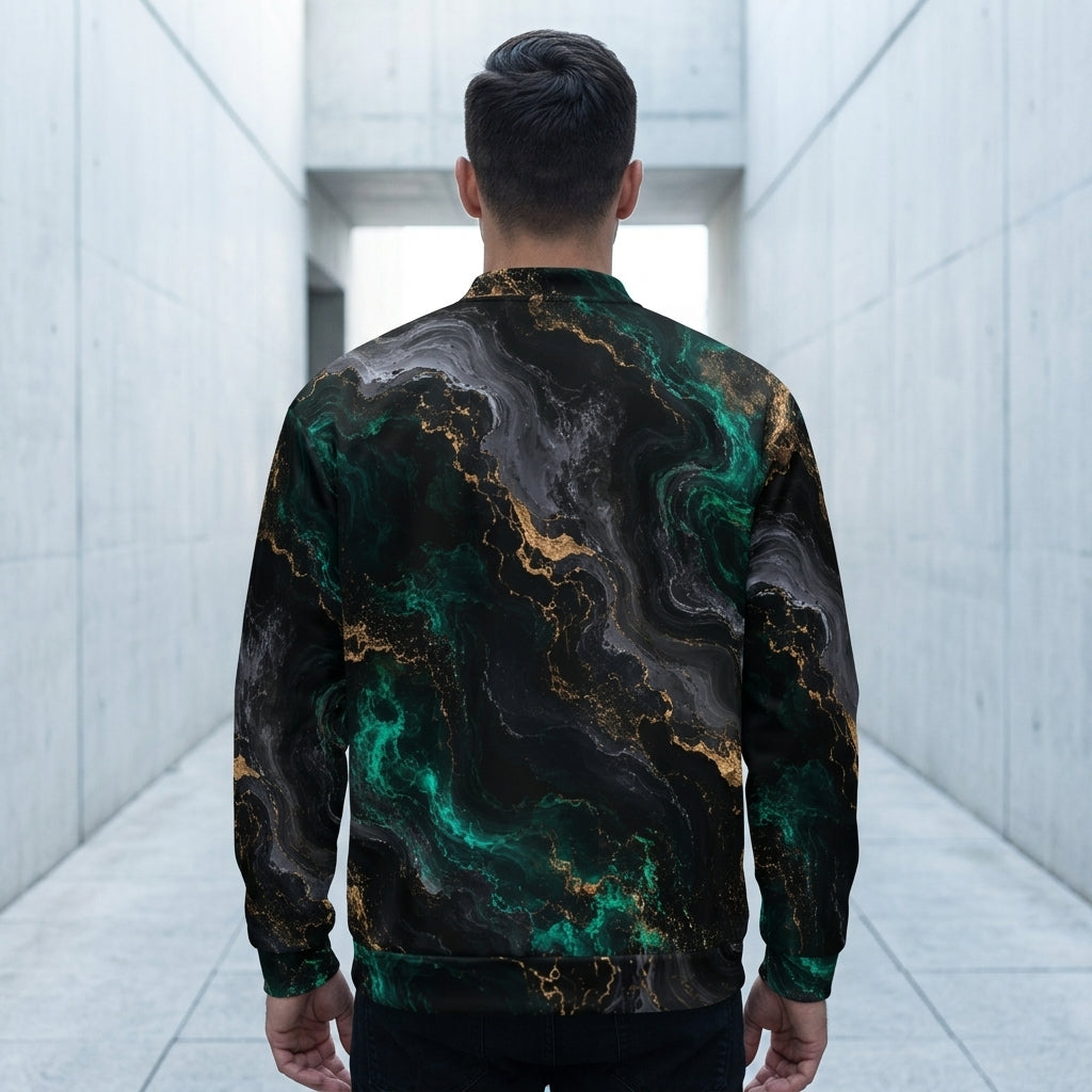 Man wearing the Emerald Obsidian bomber jacket, black and emerald print