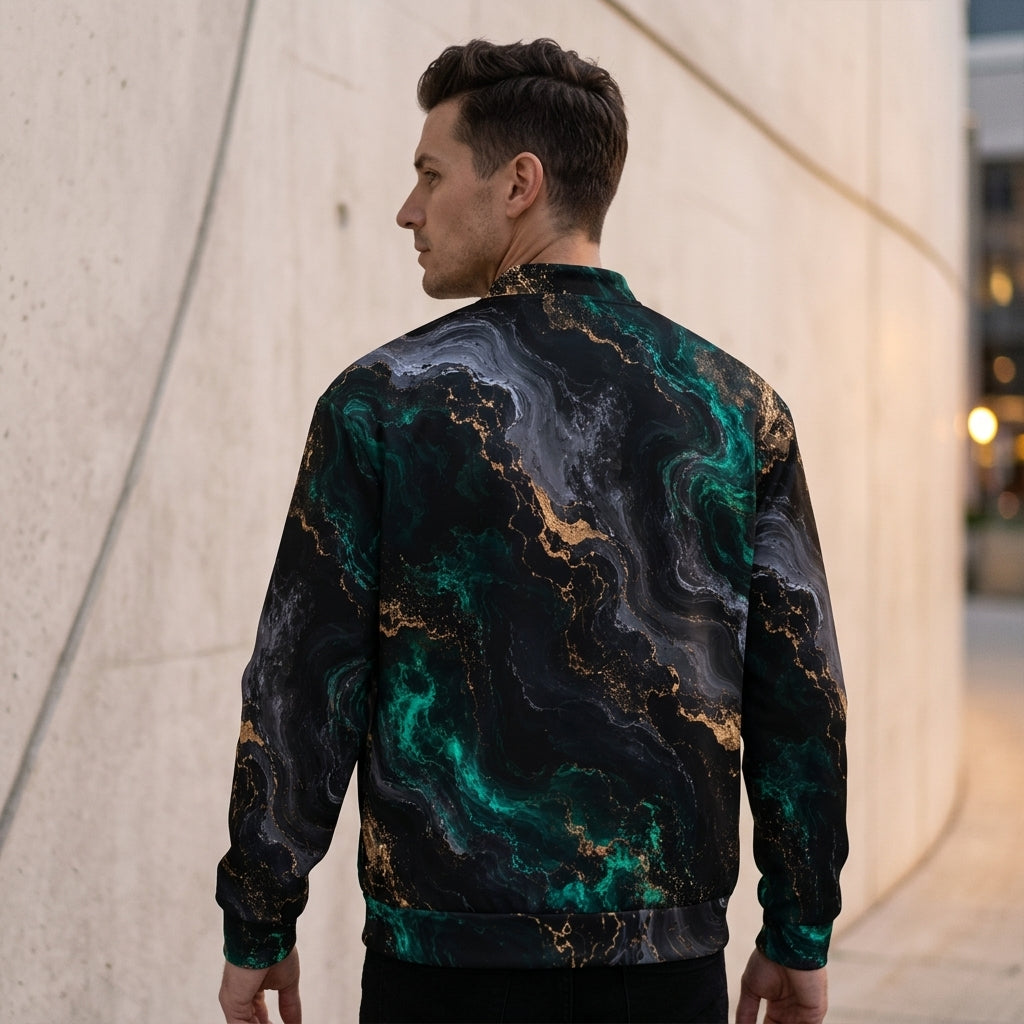 Man wearing the Emerald Obsidian all-over print bomber jacket