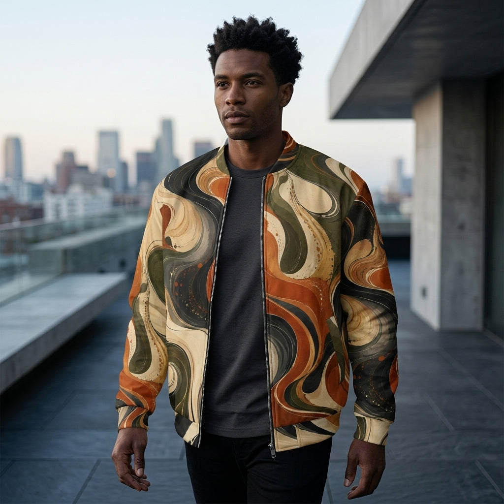 Man wearing the Terra Flux bomber jacket, burnt orange and olive print
