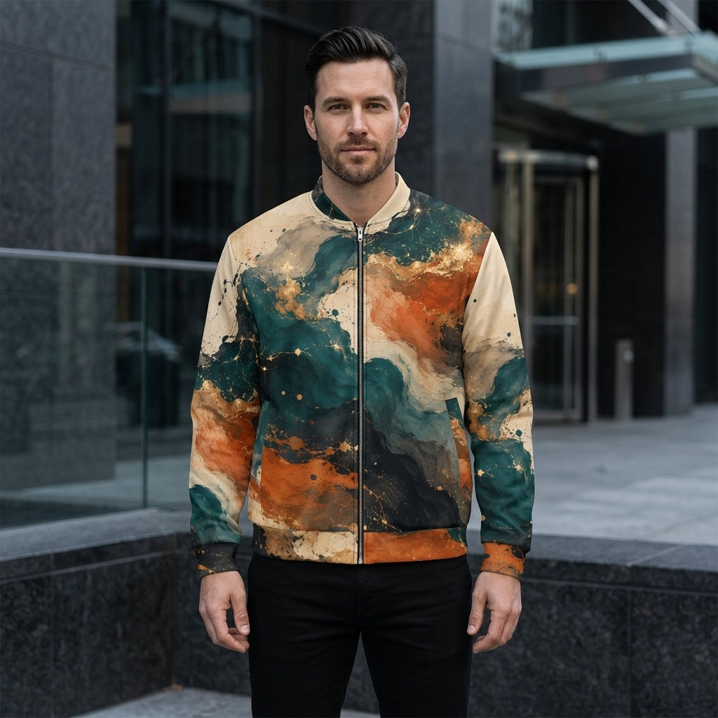 Man wearing the Ember Tide bomber jacket, teal and orange print