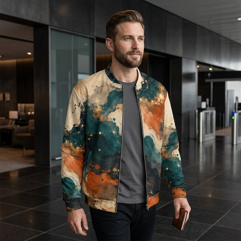 Man wearing the Ember Tide bomber jacket – teal, burnt orange and cream abstract print
