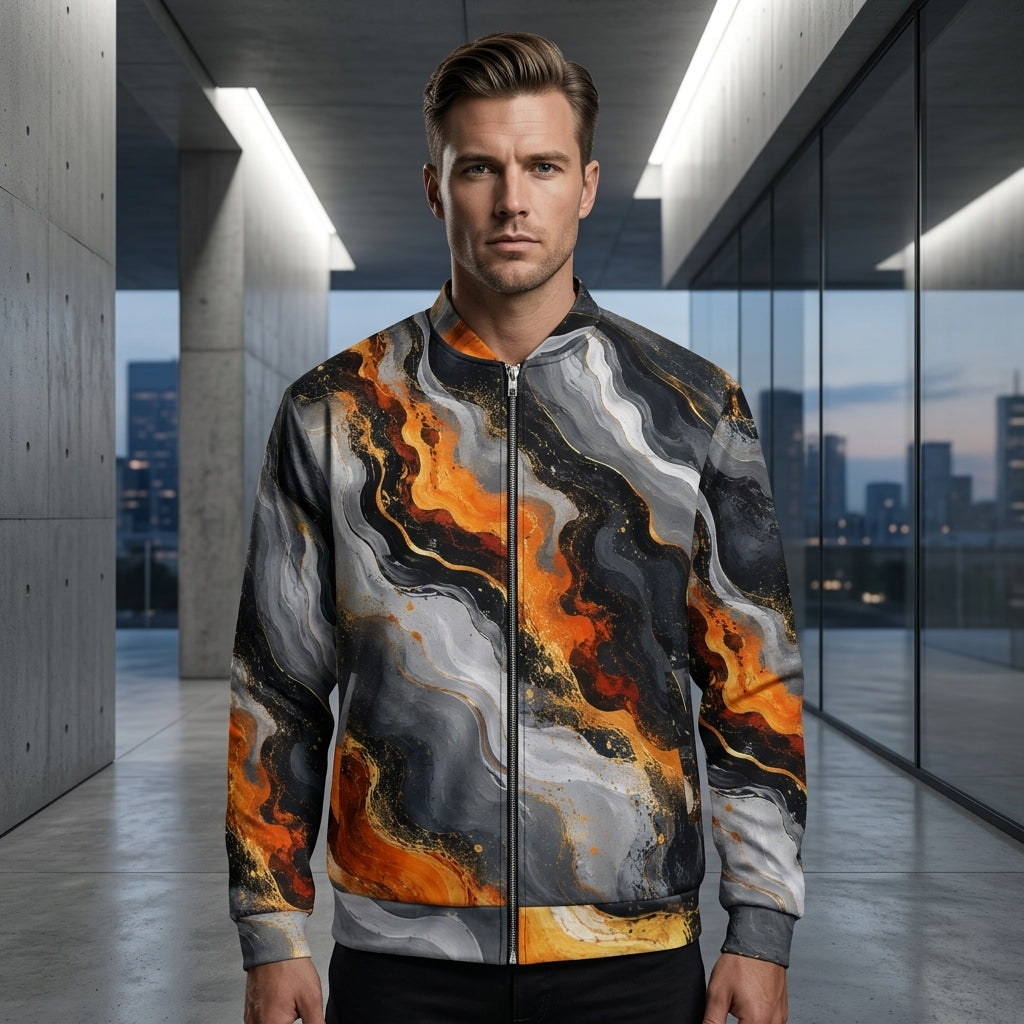 Man wearing the Molten Obsidian bomber jacket – charcoal, silver and fiery orange abstract print