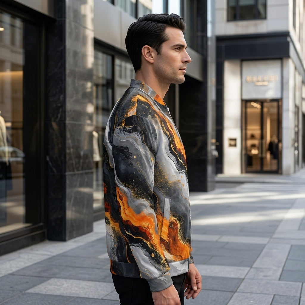 Man wearing the Molten Obsidian all-over print bomber jacket