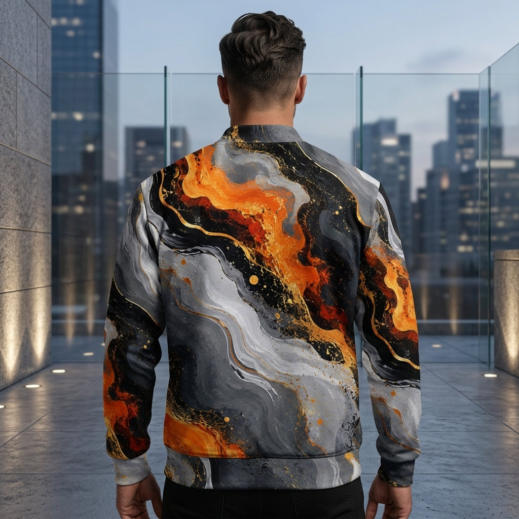 Man wearing the Molten Obsidian bomber jacket – charcoal, silver and fiery orange abstract print