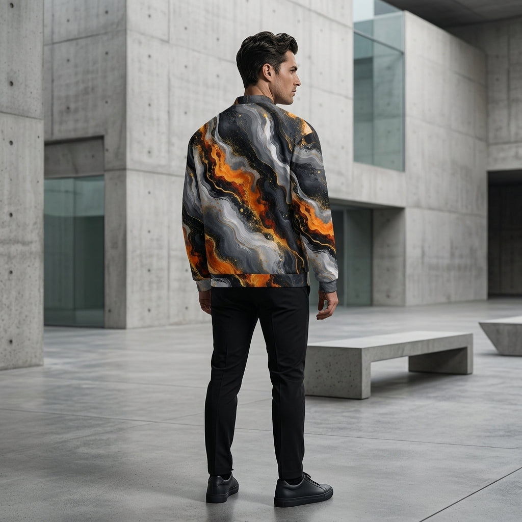 Man wearing the Molten Obsidian all-over print bomber jacket