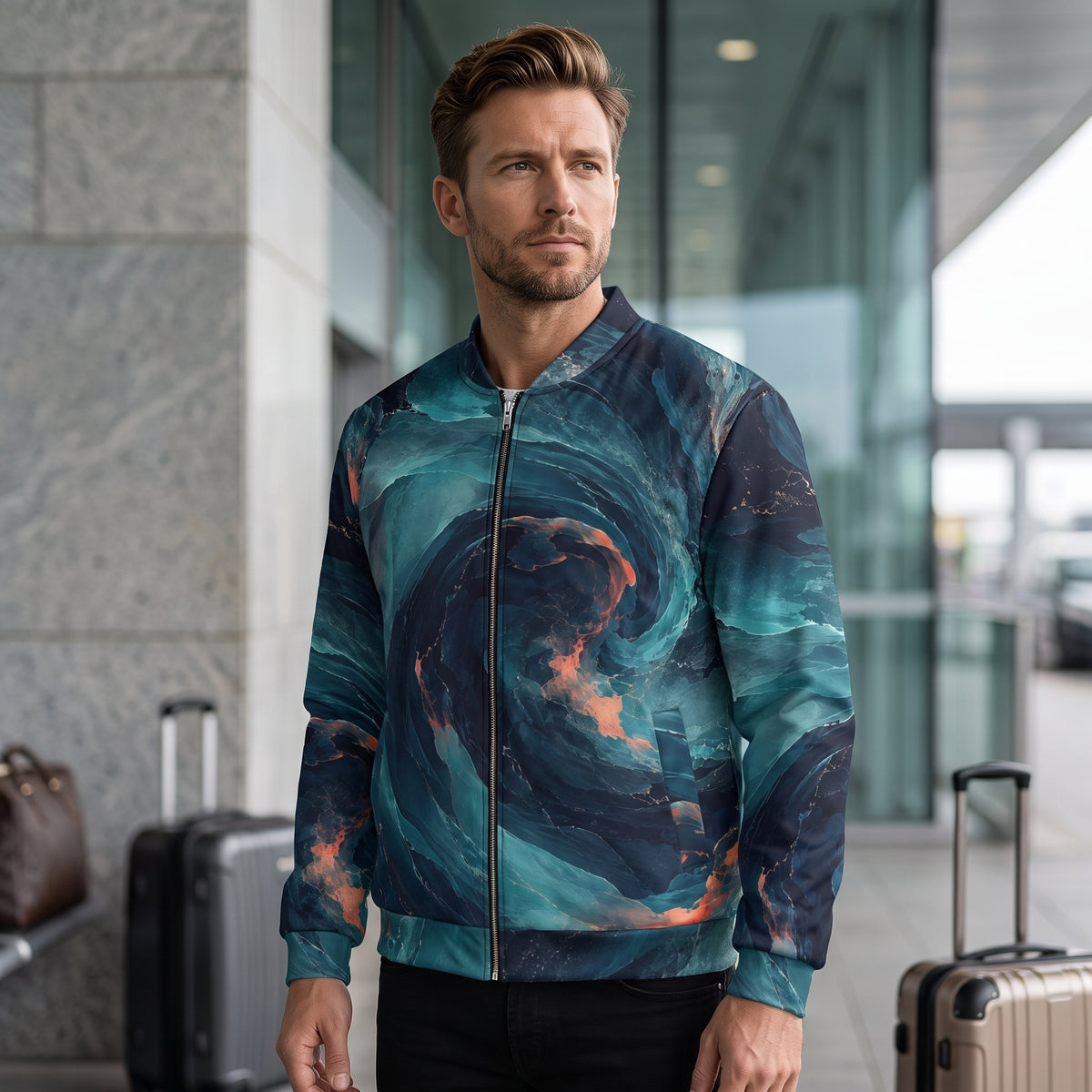 Man wearing the Neon Nebula bomber jacket, navy and turquoise print