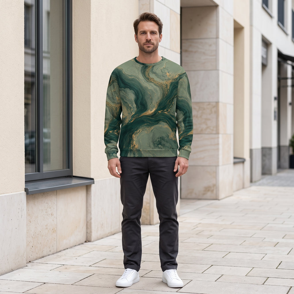 Man wearing the Emerald Current sweatshirt – forest green, sage and gold marble print